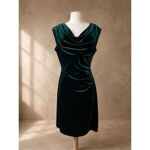 Anne Klein Sz 10 Velvet Cowl Neck Cocktail Dress Emerald Green Ruched Midi
